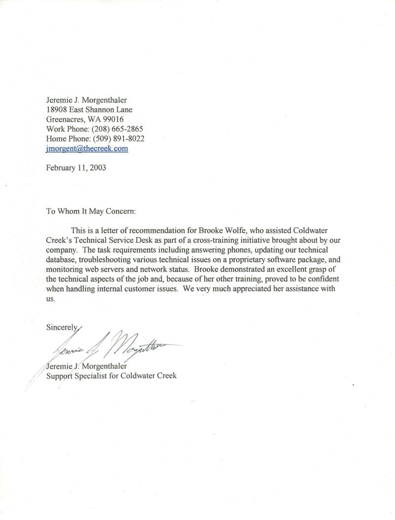 Letter of Recommendation from Jeremie Morgenthaler 2003