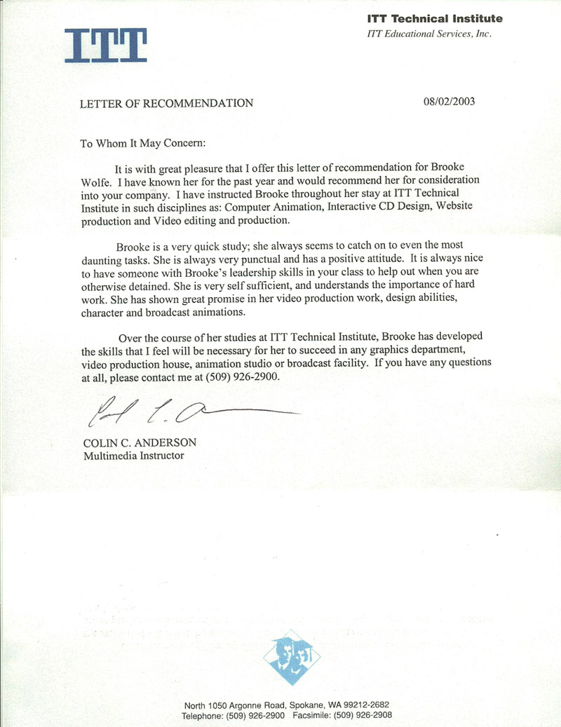 Letter of Recommendation from Colin Anderson 2003