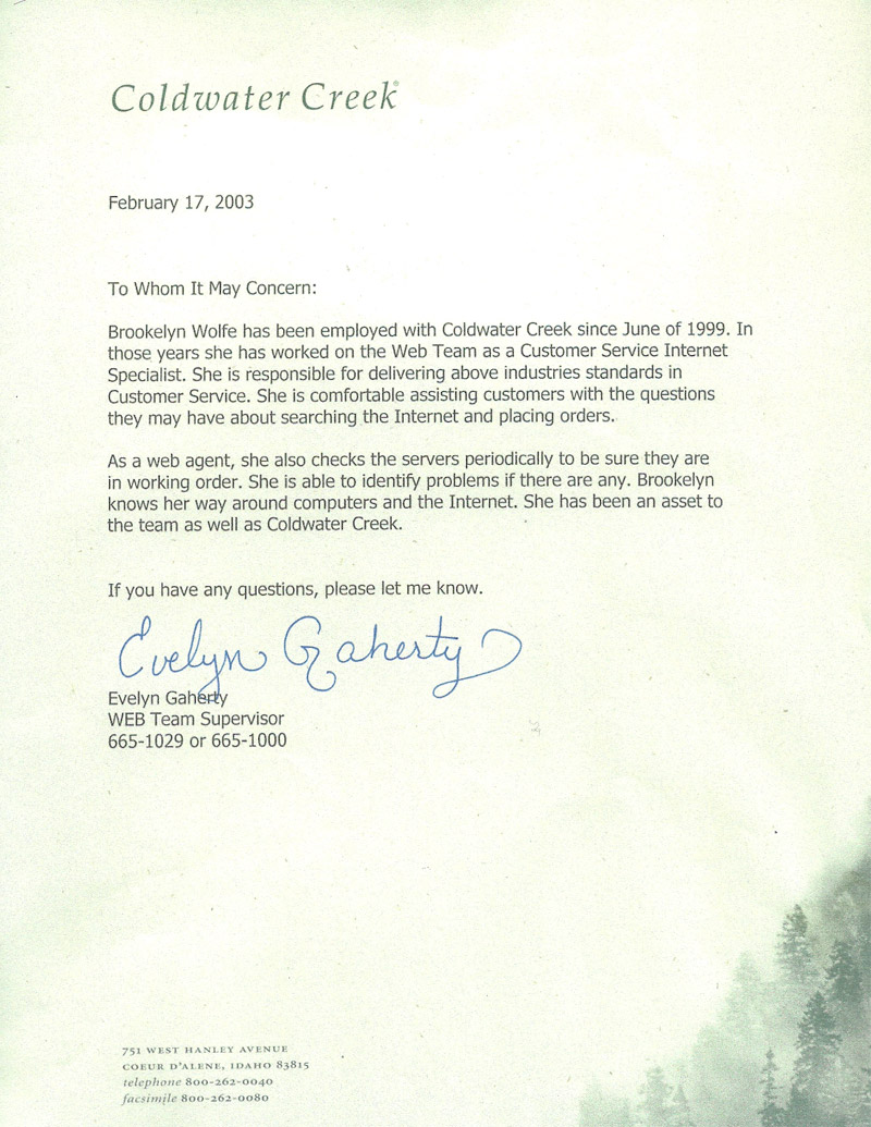 Letter of Recommendation from Evelyn Gaherty 2003